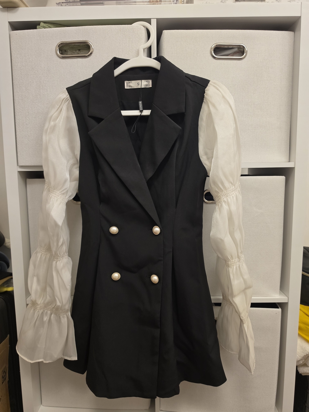 Black Double-Breasted Blazer Dress with White Puff Sleeves